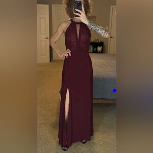 Nightway Burgundy Sequin Halter Evening Gown Size 6 | Slit Formal Dress